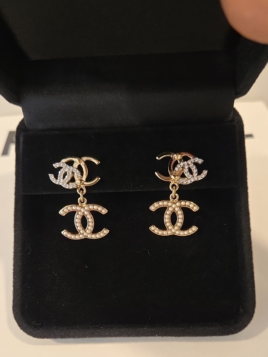 CHANEL Jewelry - #148 - Chanel Triple CC Crystal/Pearl Earrings Light Gold/Silver 21B- AUTHENTIC